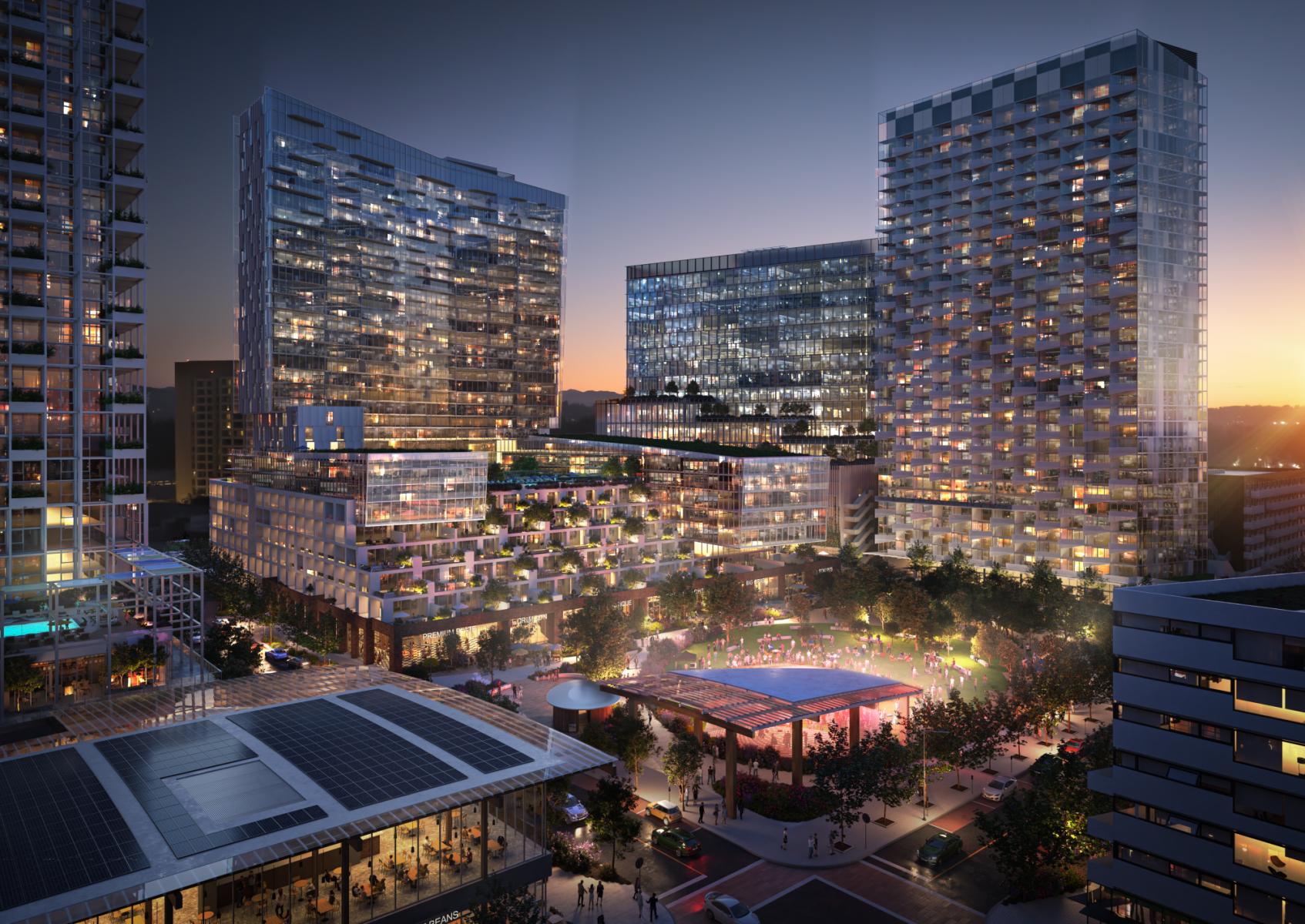 Proposed Warner Center Rams Village development at dusk